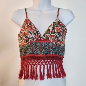 Cotton Print Cropped Cami Top With Fringe Free People Small